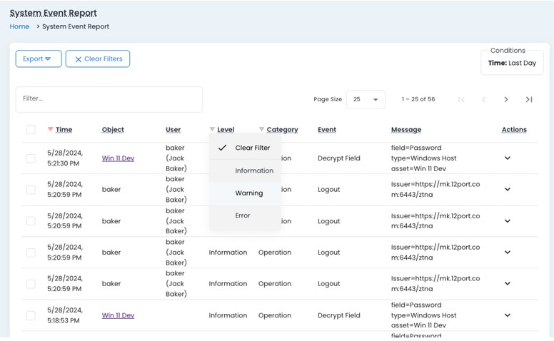 Login system event report screenshot, illustrating user activity and security alerts on 12Port platform.