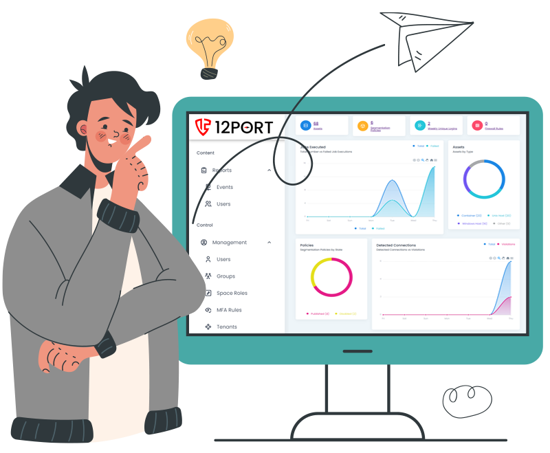 Guy looking at screenshot of 12 Port Horizon product