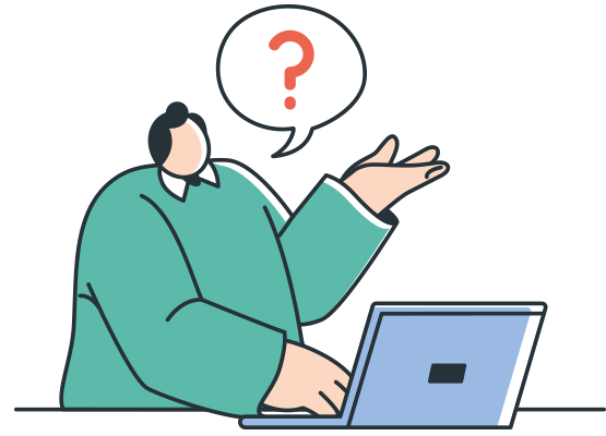 Uncertain person with a laptop and question mark speech bubble, indicating inquiry or troubleshooting.
