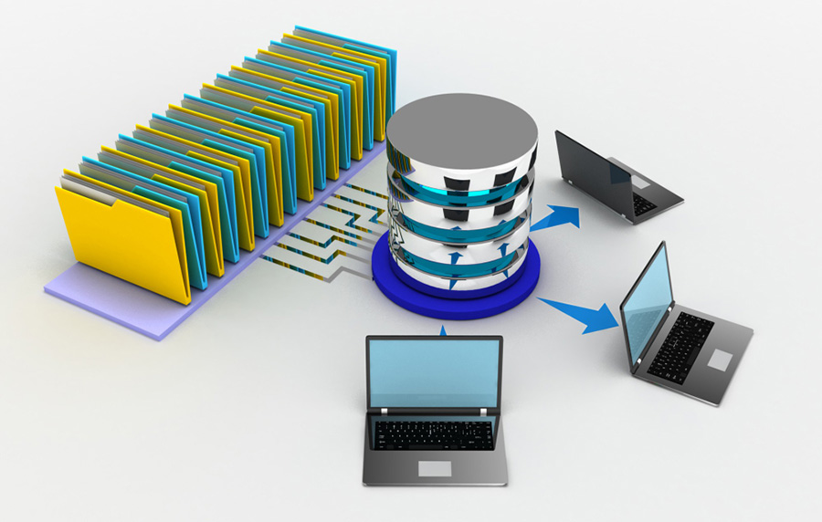 High-speed data storage with server and laptops connected, technology data management system, digital files transfer, network infrastructure.