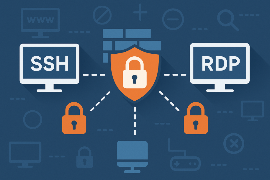 SSH security and remote desktop protection illustration with padlocks and shield icon.