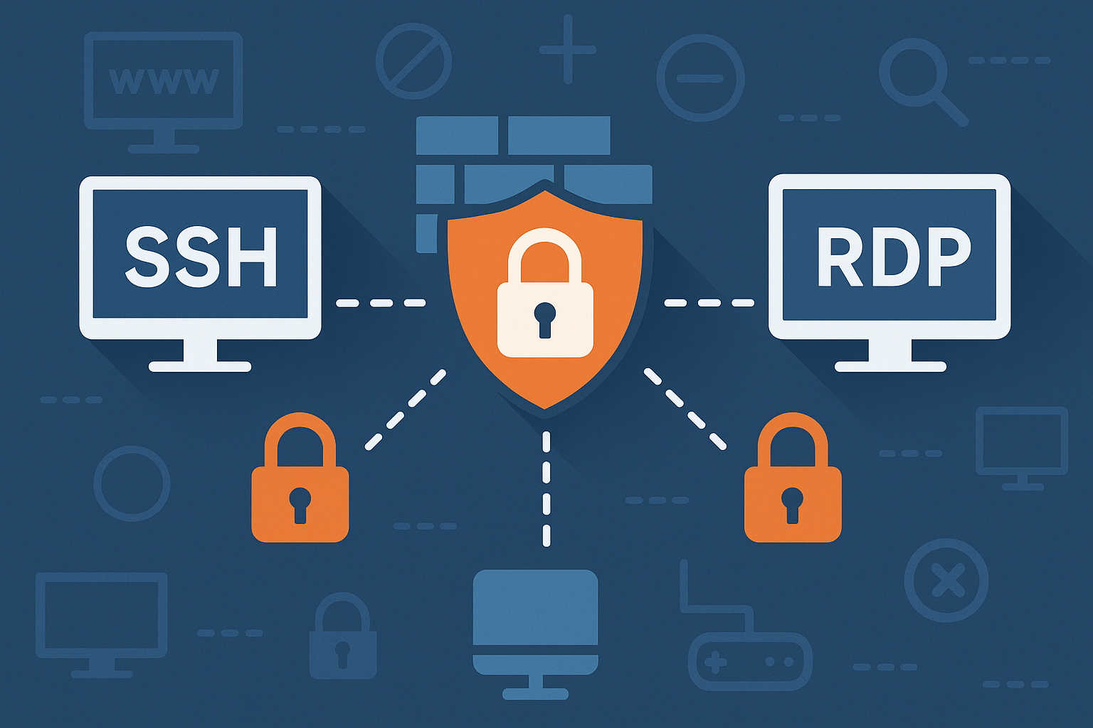 SSH security and remote desktop protection illustration with padlocks and shield icon.