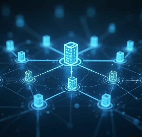 Highly connected digital network with multiple nodes and central data hub for advanced communication and data management.