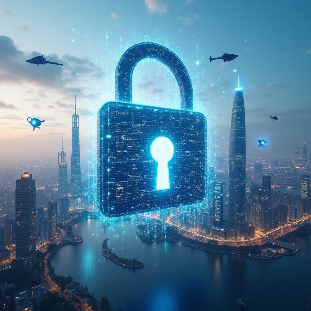 Digital security, data protection, cybersecurity, city skyline with lock.