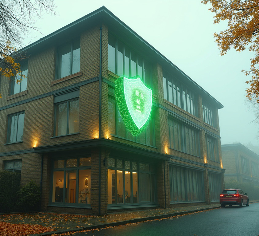 Cybersecurity office building with glowing shield logo, foggy autumn scene, secure digital protection, modern corporate security.