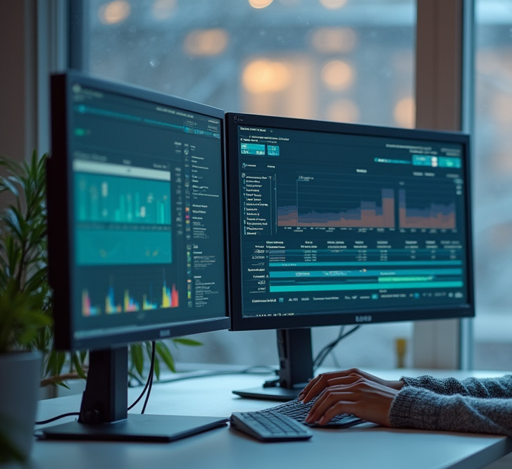 Real-time data analytics on dual computer monitors for business insights.