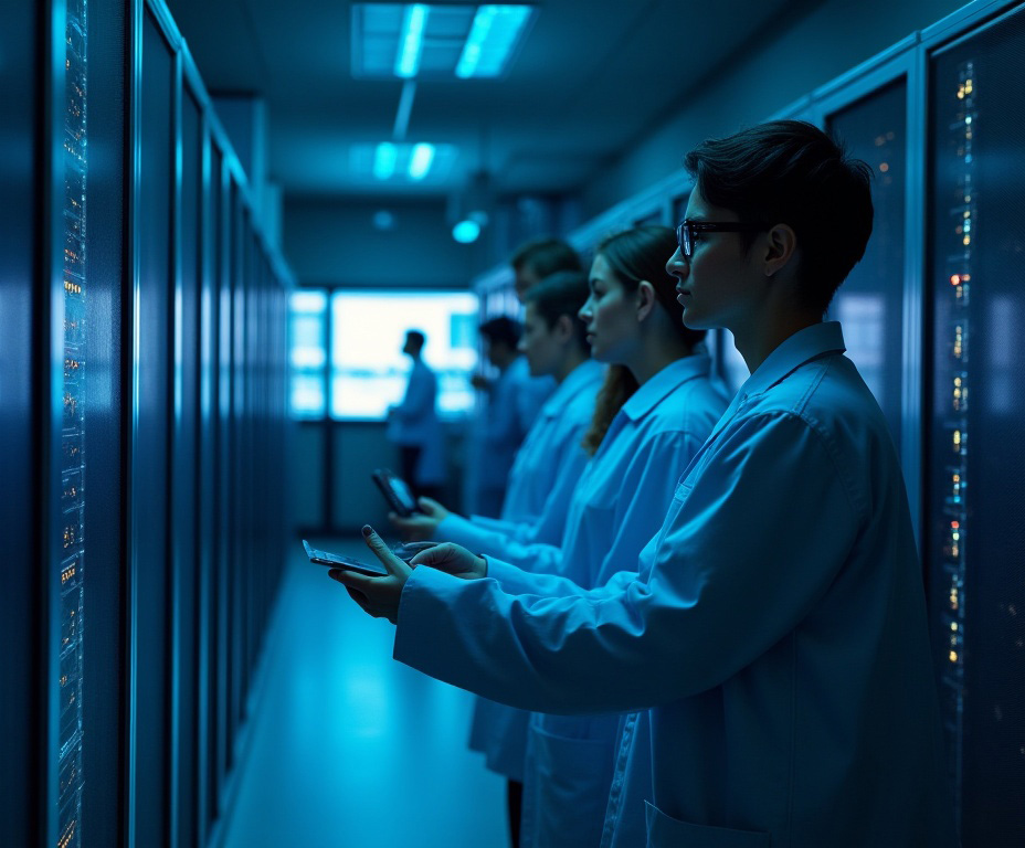 Modern data center technicians monitoring servers with mobile devices in a high-tech server room.