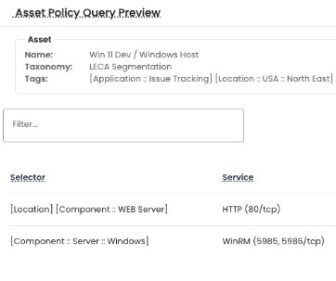 Comprehensive asset policy query interface for network monitoring and security.